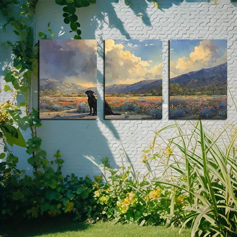 3pcs Rainbow Flowers and A Little Dog on The Field Metal Print Ready to Hang Art