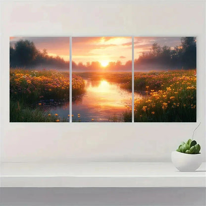 3pcs Soothing Morning Meadow Warm Pastel Sky Metal Print Ready to Hang Art