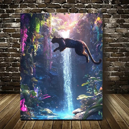 Beautiful Joyful Leopard by Waterfall Scene 40x60cm Metal Print Ready to Hang