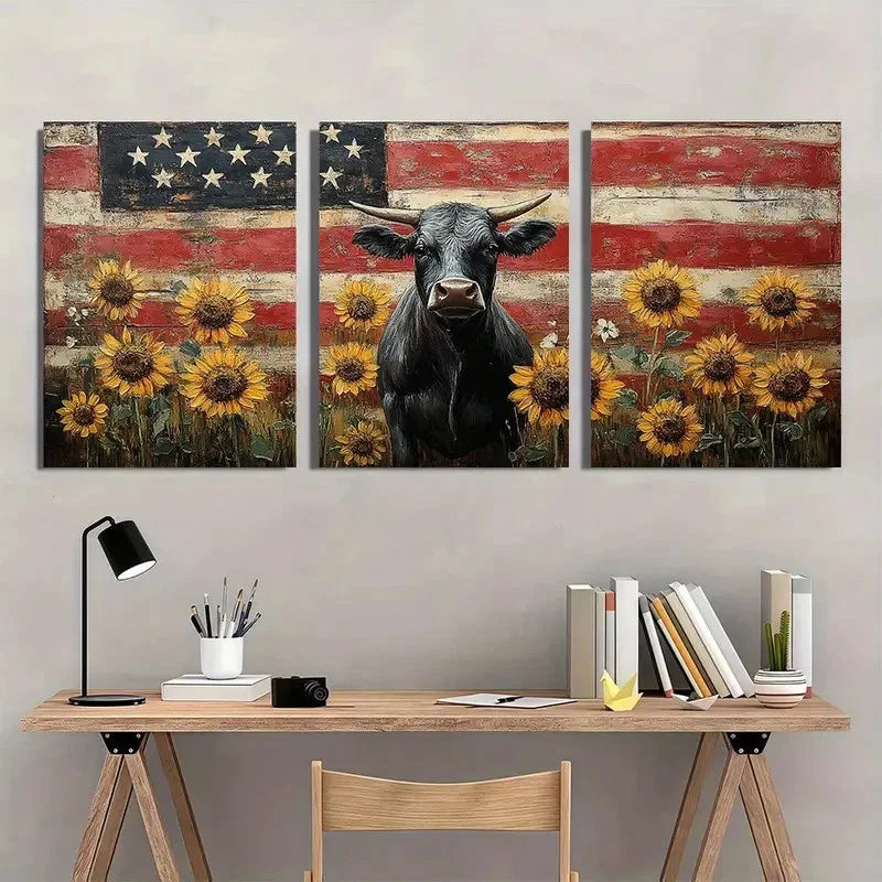 3pcs Vibrant Rustic Sunflower American Flag Cow Wall Art Set Canvas Framed 40x60cm - High Quality Print 100% Australian Made Wall Canvas Ready to Hang