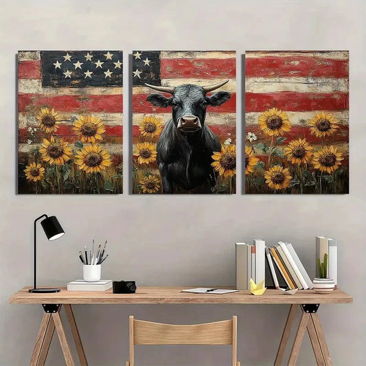 3pcs Vibrant Rustic Sunflower American Flag Cow Wall Art Set Canvas Framed 40x60cm - High Quality Print 100% Australian Made Wall Canvas Ready to Hang