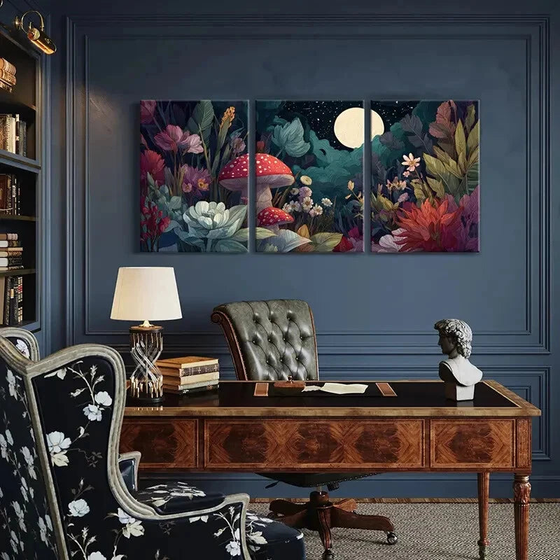 3pcs Moonlit Forest Mushrooms Flowers Night Metal Print Ready to Hang Art
