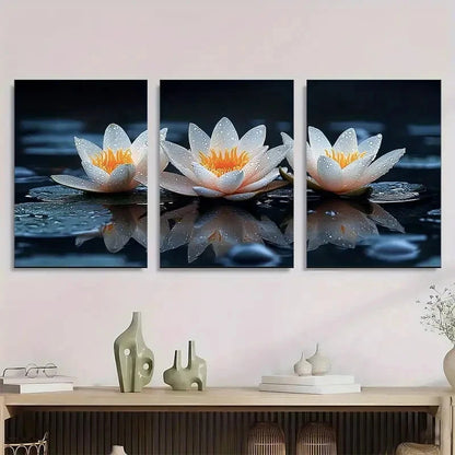 3pcs Lotus Flower Black Stones White Metal Print Ready to Hang Art