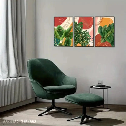 3pcs Green Plant Leaves and Line Geometric Metal Print Ready to Hang Art