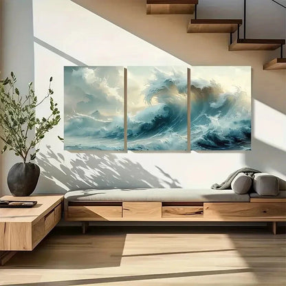 3pcs Vibrant Blue & White Ocean Wave Painting Metal Print Ready to Hang Art