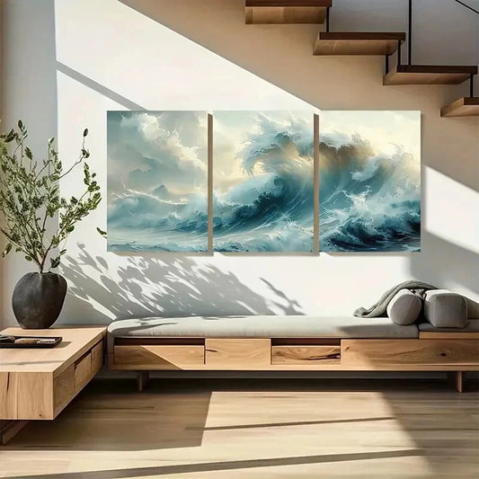 3pcs Vibrant Blue & White Ocean Wave Painting Metal Print Ready to Hang Art