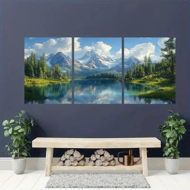 3pcs Summer Lake Serene Water Reflection Landscape Metal Print Ready to Hang Art