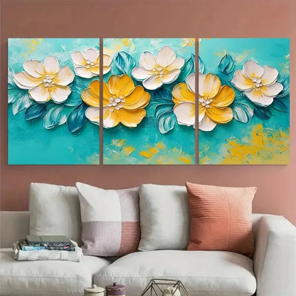 3pcs Spring Abstract Textured Turquoise and Yellow Metal Print Ready to Hang Art