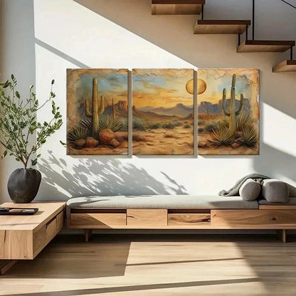 3pcs Desert Landscape Cactus Mountains Sunset Wall Art Set Canvas Framed 40x60cm - High Quality Print 100% Australian Made Wall Canvas Ready to Hang