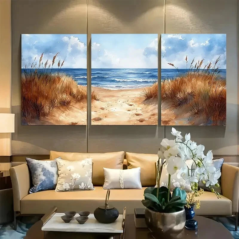 3pcs Whimsical watercolor of Sand Dunes on a Beach Metal Print Ready to Hang Art