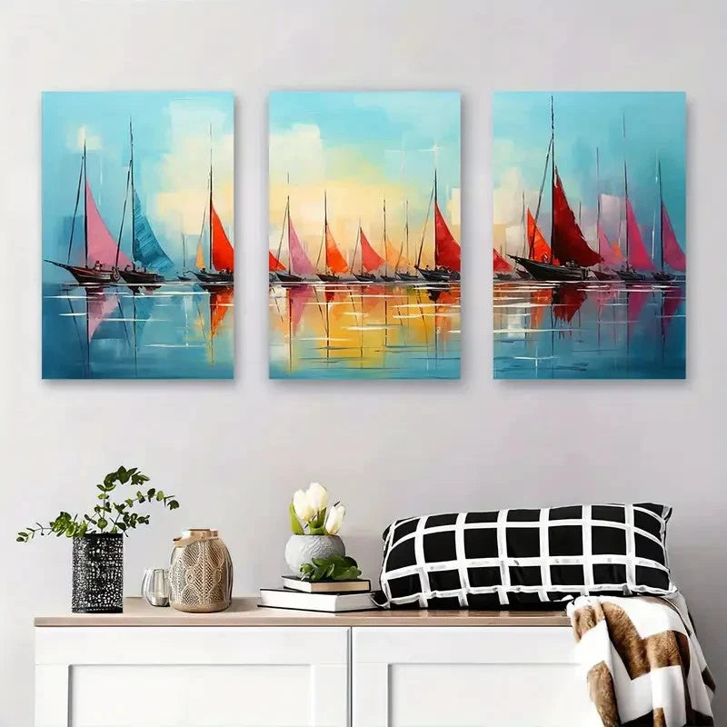 3pcs Colorful Yachts on Calm Water Metal Print Ready to Hang Art