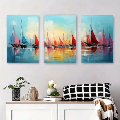 3pcs Colorful Yachts on Calm Water Metal Print Ready to Hang Art