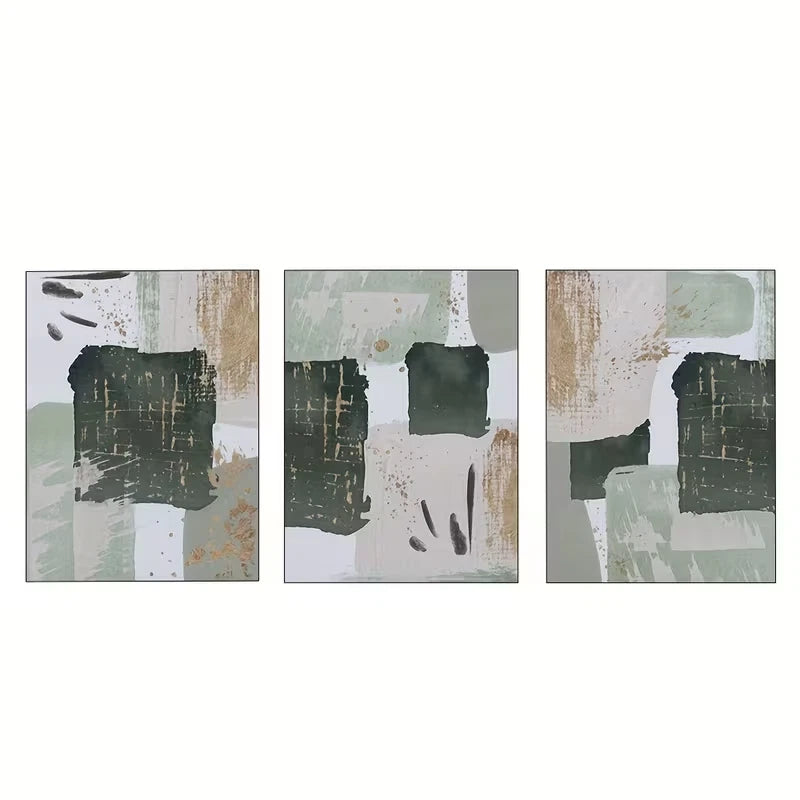 3pcs Green and Golden Watercolor Shape  Wall Art Set Canvas Framed 60x90cm - High Quality Print 100% Australian Made Wall Canvas Ready to Hang