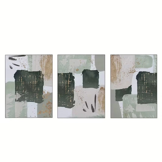 3pcs Green and Golden Watercolor Shape  Wall Art Set Canvas Framed 60x90cm - High Quality Print 100% Australian Made Wall Canvas Ready to Hang