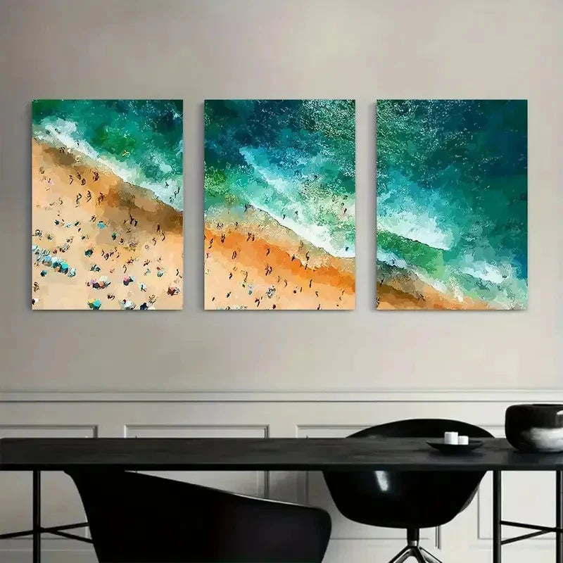 3pcs Crowded Beach with Green Seawater Poster Metal Print Ready to Hang Art