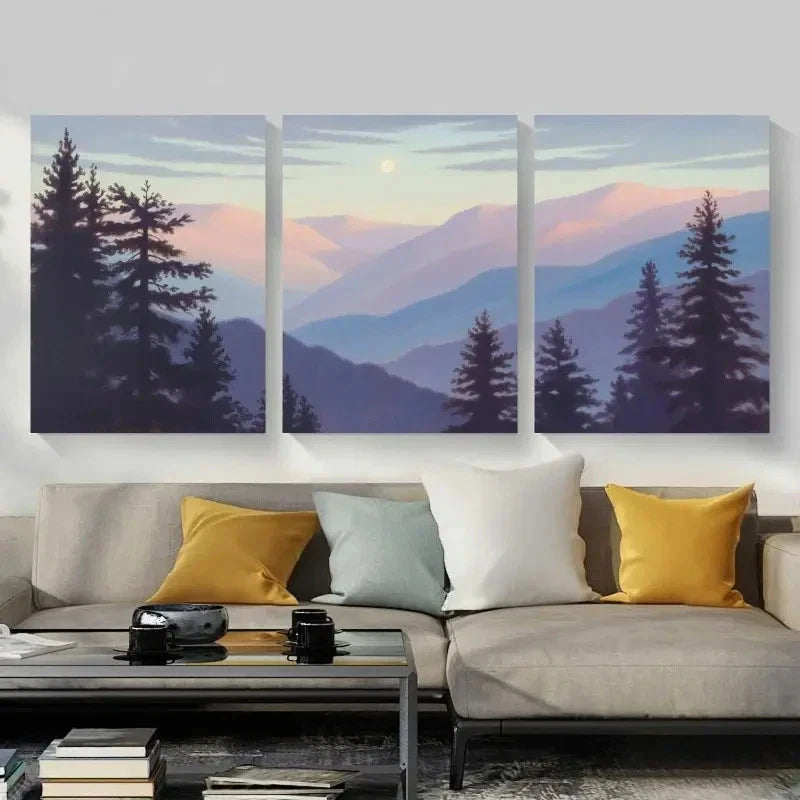 3pcs Pine Trees Mountains Landscape Painting Metal Print Ready to Hang Art
