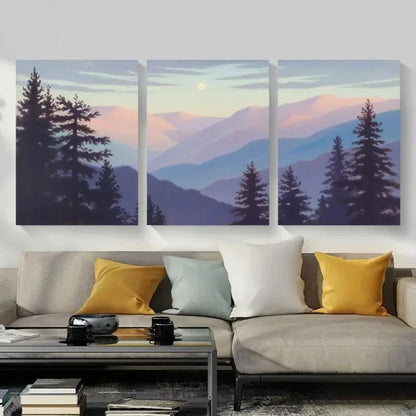 3pcs Pine Trees Mountains Landscape Painting Metal Print Ready to Hang Art