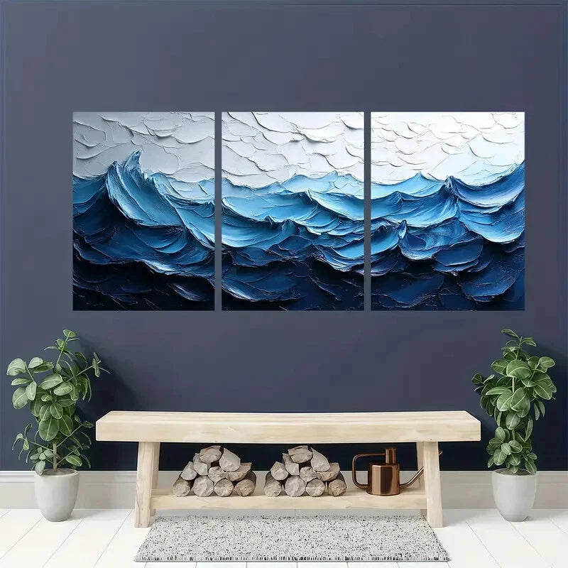 3pcs Original White Wave Texture Painting Metal Print Ready to Hang Art