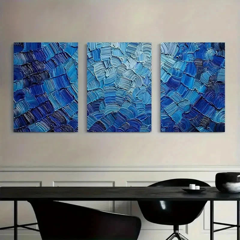 3pcs Hyper-Realistic Blue Mosaic Print Metal Print Ready to Hang Art