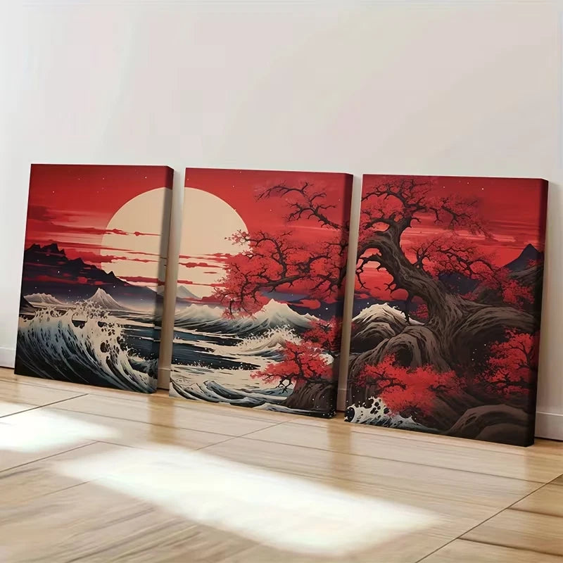 3pcs Cherry Blossom Asian Art Japanese  Wall Art Set Canvas Framed 60x90cm - High Quality Print 100% Australian Made Wall Canvas Ready to Hang