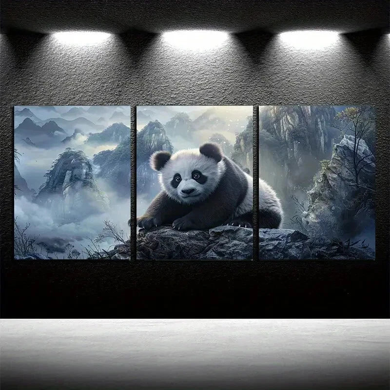 3pcs Panda Desperately Grasps The Rock Surface Metal Print Ready to Hang Art