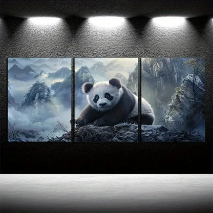 3pcs Panda Desperately Grasps The Rock Surface Metal Print Ready to Hang Art
