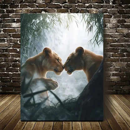 Realistic Lion Cub Duo in Bamboo Grove Painting  40x60cm Metal Print Ready to Hang