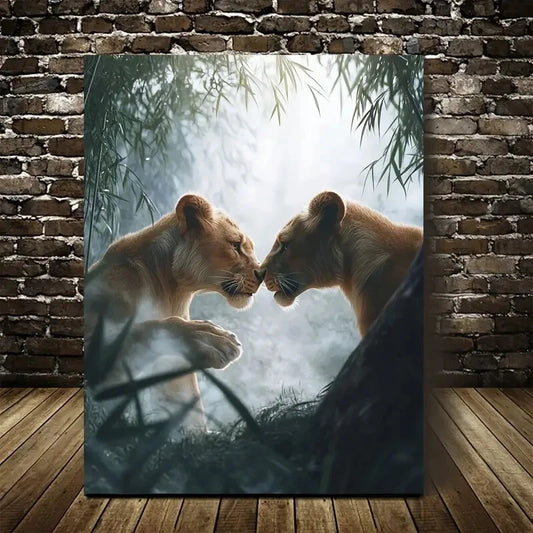 Realistic Lion Cub Duo in Bamboo Grove Painting  40x60cm Metal Print Ready to Hang