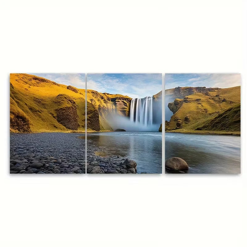 3pcs Skogafoss Waterfall Vivid Icelandic Landscape Metal Print Ready to Hang Art