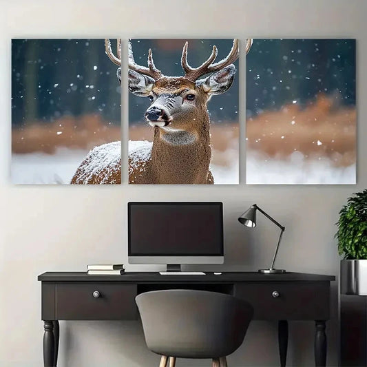3pcs Roe Deer Buck Snowy Woodland Forest Metal Print Ready to Hang Art