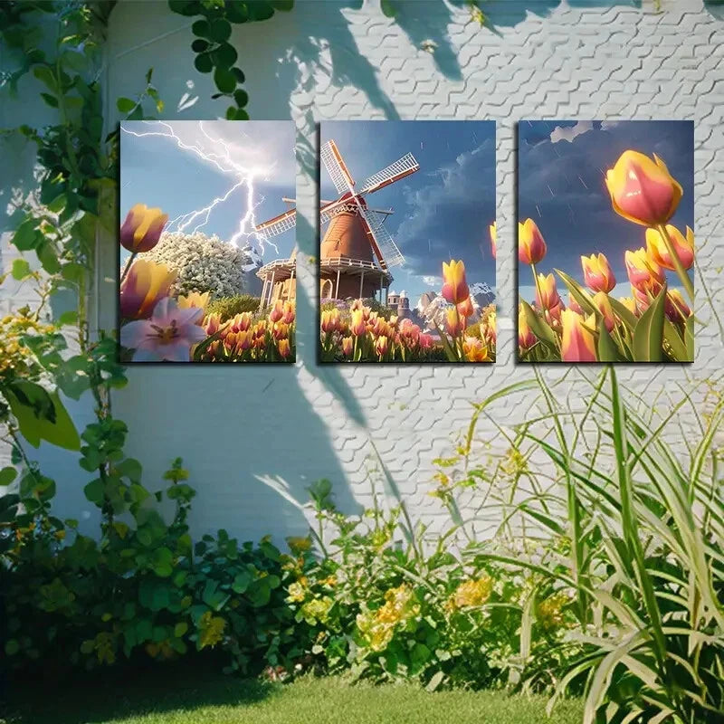 3pcs Lightning Strikes Windmill & Tulips Metal Print Ready to Hang Art