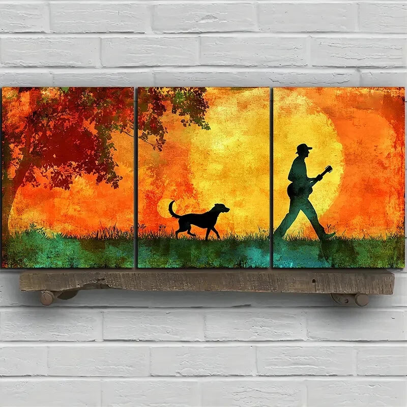 3pcs Man with Dog and Guitar Silhouette Metal Print Ready to Hang Art