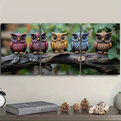 3pcs Colourful Owls On The Branch Metal Print Ready to Hang Art