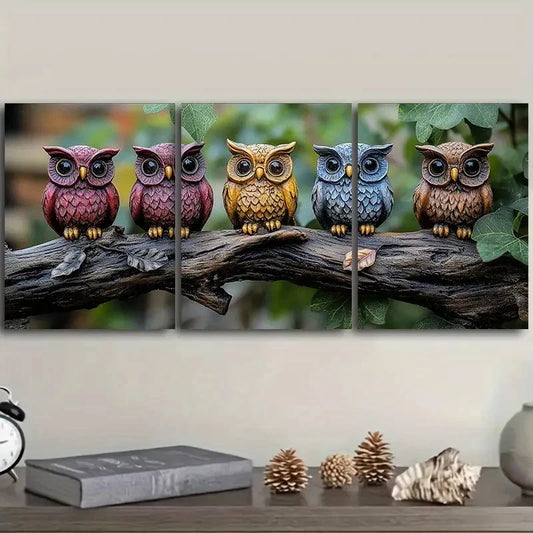 3pcs Colourful Owls On The Branch Metal Print Ready to Hang Art