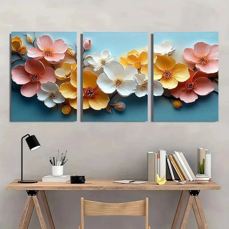 3pcs Pastel Pink Yellow White Blossoms Metal Print Ready to Hang Art