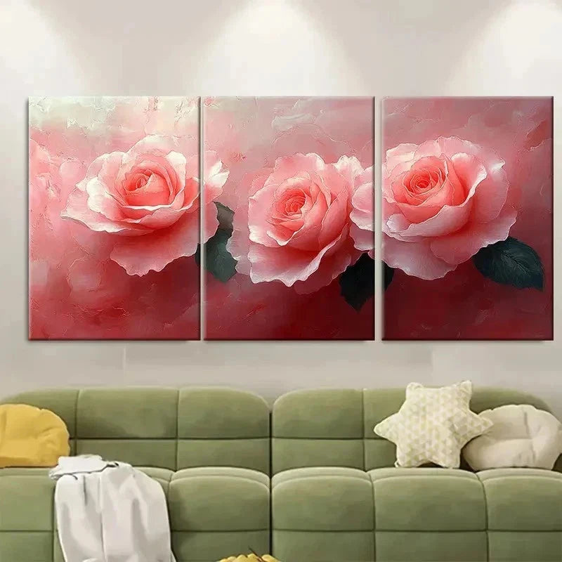 3pcs Pink Floral Illustrated Roses FG  Wall Art Set Canvas Framed 50x70cm - High Quality Print 100% Australian Made Wall Canvas Ready to Hang