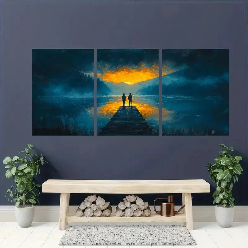 3pcs Dockside Silhouettes Serene Nature Scene Metal Print Ready to Hang Art