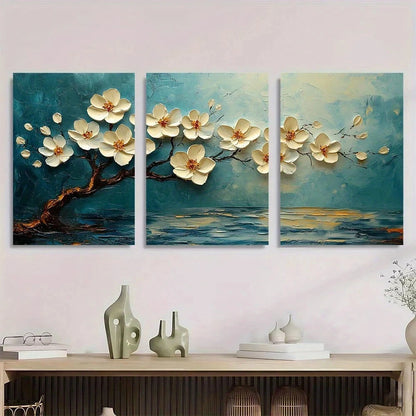 3pcs White Blossomed Tree Abstract Metal Print Ready to Hang Art
