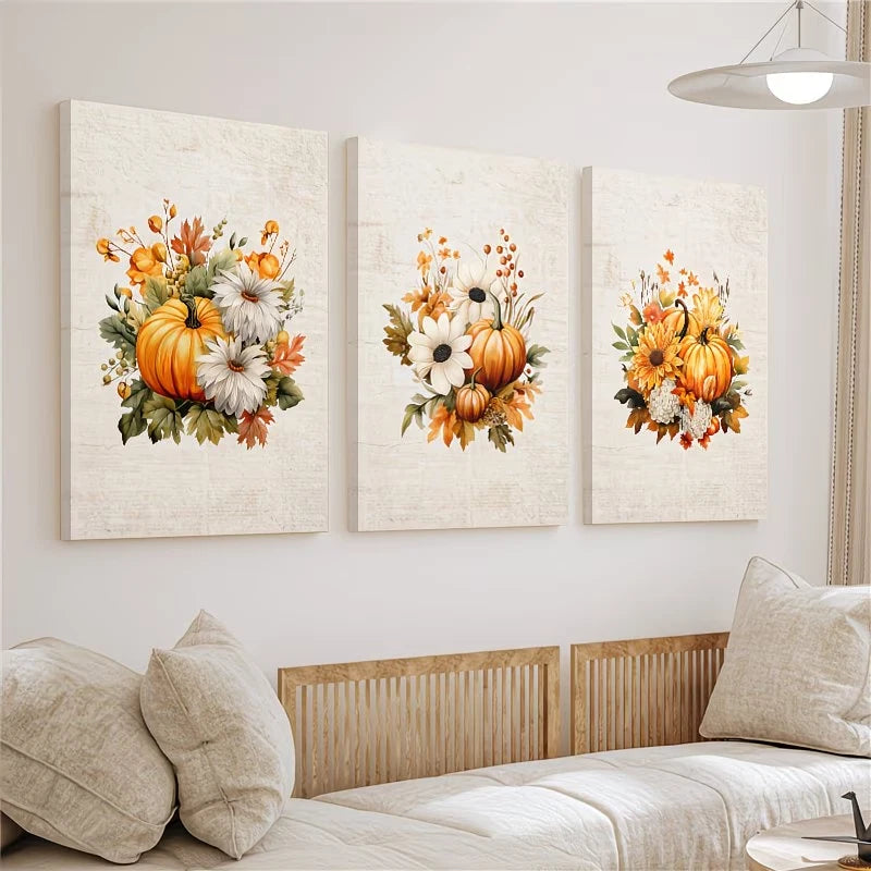 3pcs Rustic Pumpkin Watercolor Wall Art Set Canvas Framed 60x90cm - High Quality Print 100% Australian Made Wall Canvas Ready to Hang