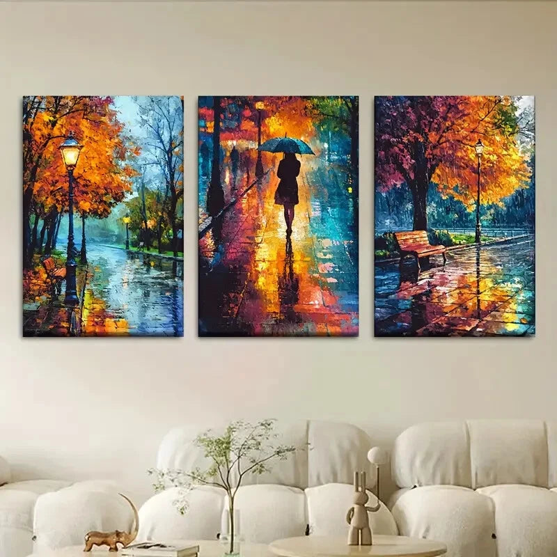 3pcs Abstract Vibrant Autumn Street Scene Metal Print Ready to Hang Art