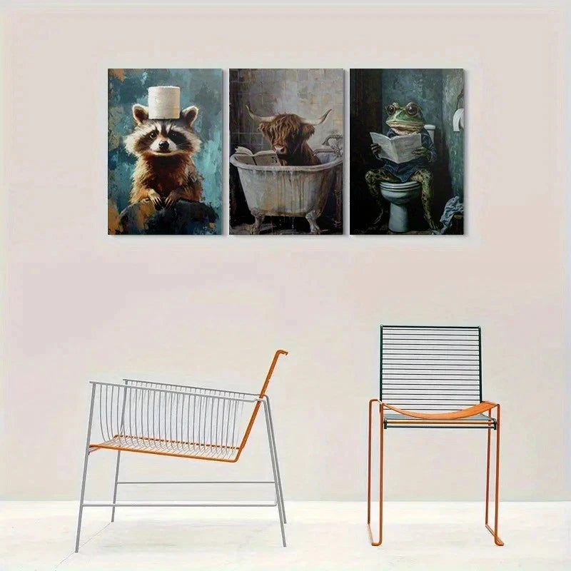 3pcs Whimsical Animal Bathroom Scene Metal Print Ready to Hang Art