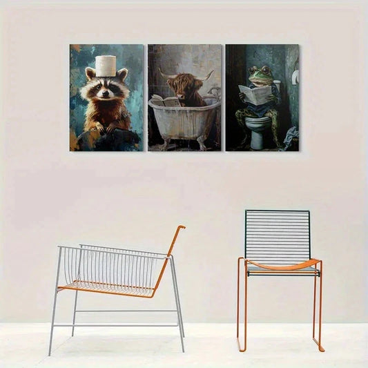 3pcs Whimsical Animal Bathroom Scene Metal Print Ready to Hang Art