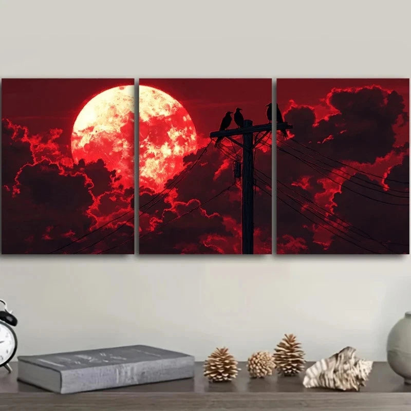3pcs Featuring Red Moon Clouds And Crows Metal Print Ready to Hang Art