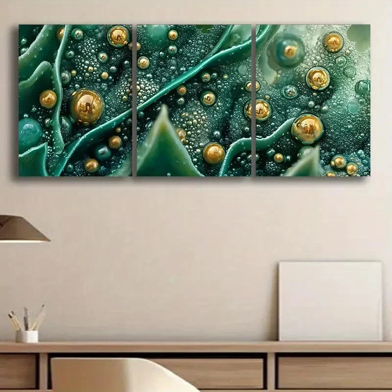 3pcs Luxurious Abstract Green Metal Print Ready to Hang Art