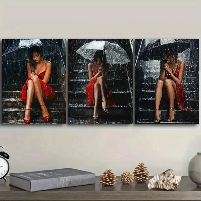 3pcs The girl on the stairs Wall Art Set Canvas Framed 50x70cm - High Quality Print 100% Australian Made Wall Canvas Ready to Hang