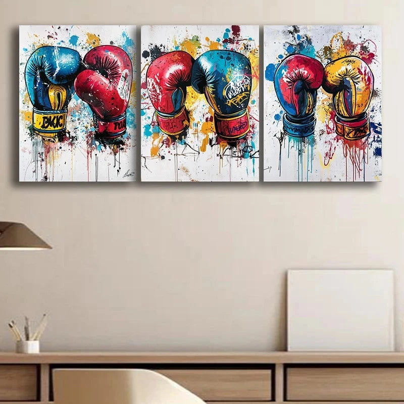 3pcs Boxing Gloves Modern Vibrant Sports Metal Print Ready to Hang Art