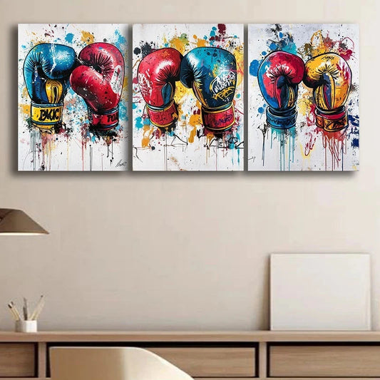 3pcs Boxing Gloves Modern Vibrant Sports Metal Print Ready to Hang Art