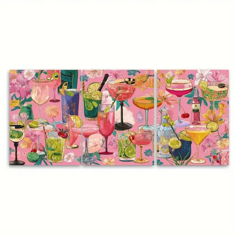 3pcs Retro Cocktail Bar Cart Pink Drink Wall Art Set Canvas Framed 60x90cm - High Quality Print 100% Australian Made Wall Canvas Ready to Hang