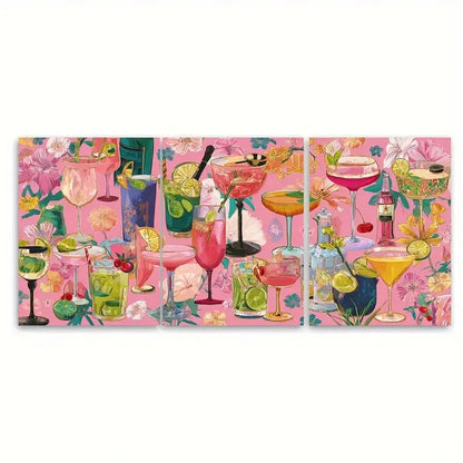 3pcs Retro Cocktail Bar Cart Pink Drink Wall Art Set Canvas Framed 60x90cm - High Quality Print 100% Australian Made Wall Canvas Ready to Hang