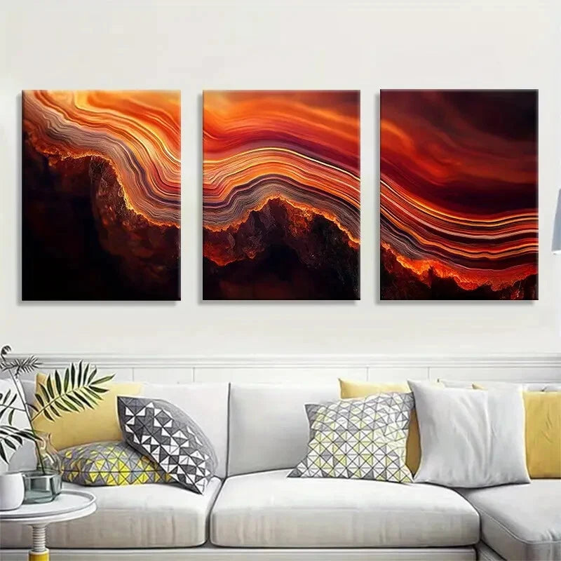 3pcs Abstract Vibrant Red Lava Rock Texture Metal Print Ready to Hang Art